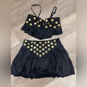 Black bubble skirt mirror embellished crop top set
